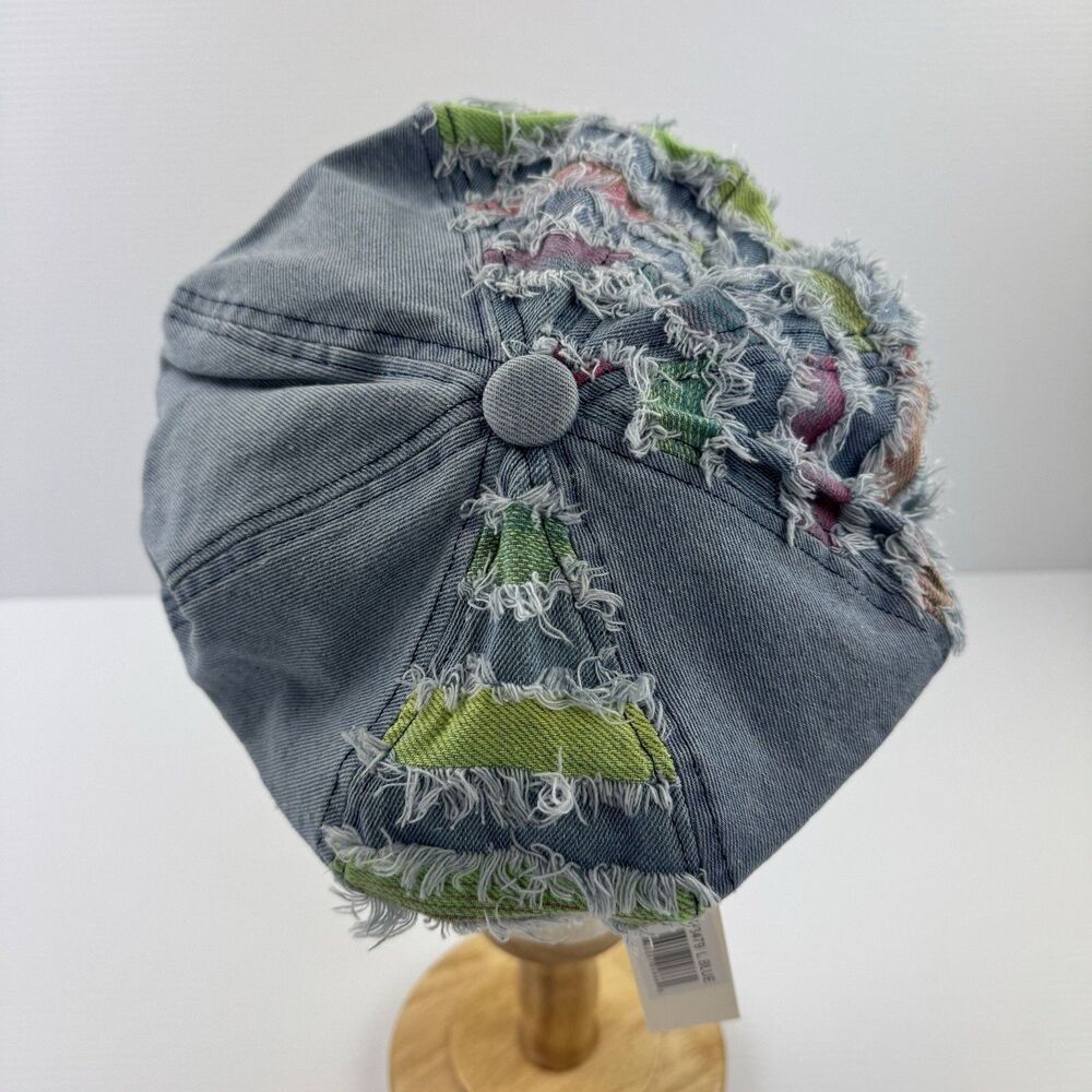 Patchwork Denim Beret Hat Womens Blue Frayed Distressed Adjustable Newsboy Cap - Picture 2 of 9